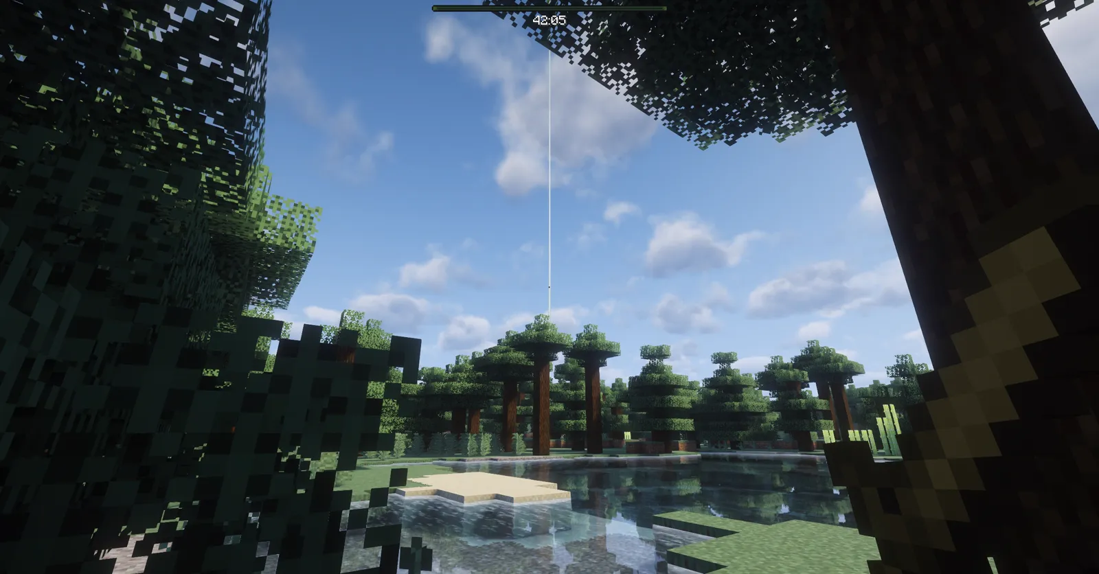 An extraction portal beam rising out of a forest in ExfilCraft