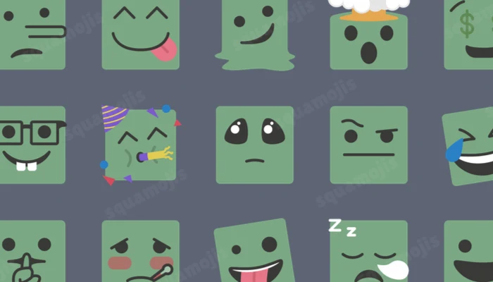 A grid of green square emoji faces: tongue out, party horn, glasses, sleepy, and more